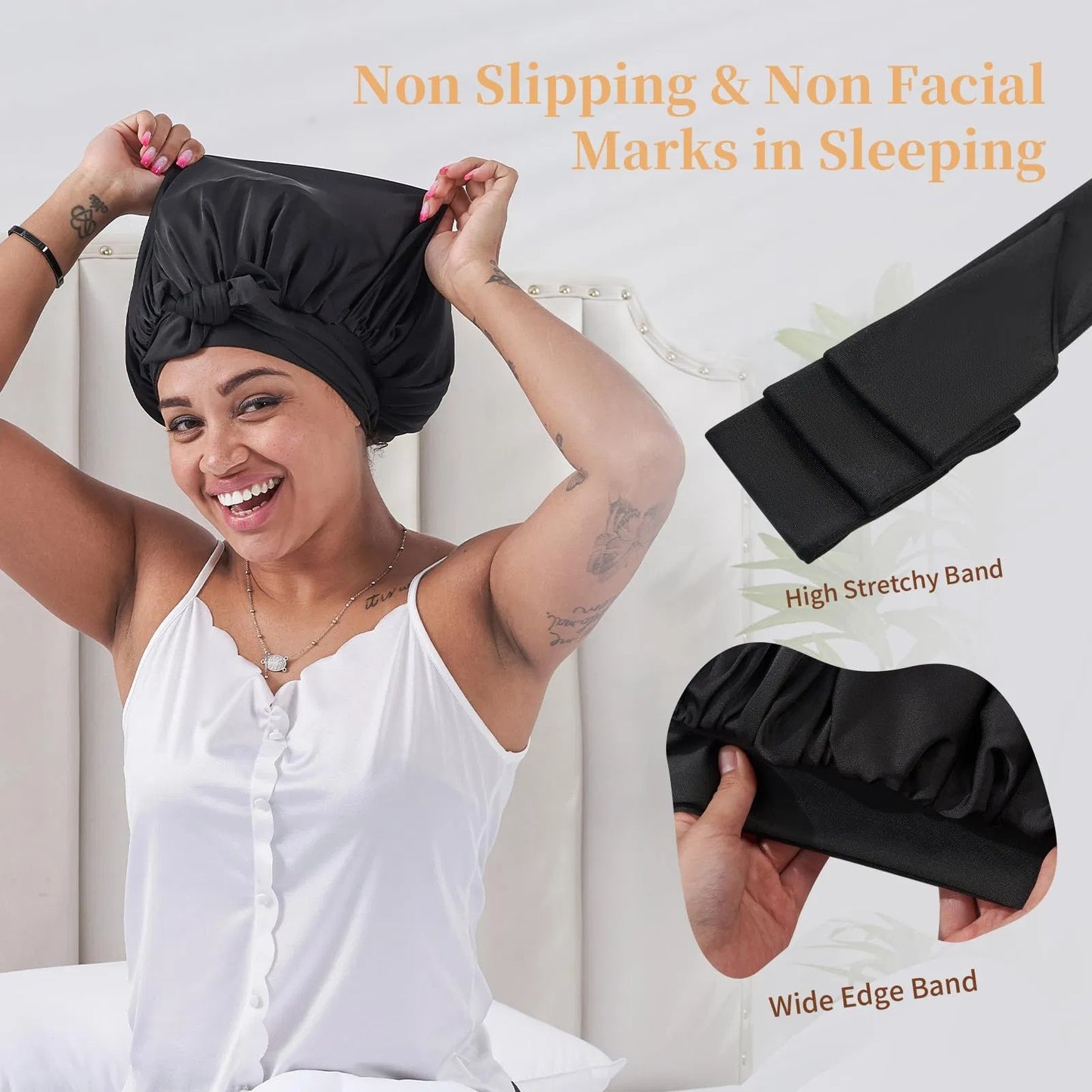 Health & Beauty - Silk Satin Bonnet For Sleeping For Wavy Curly Natural Hair - Black