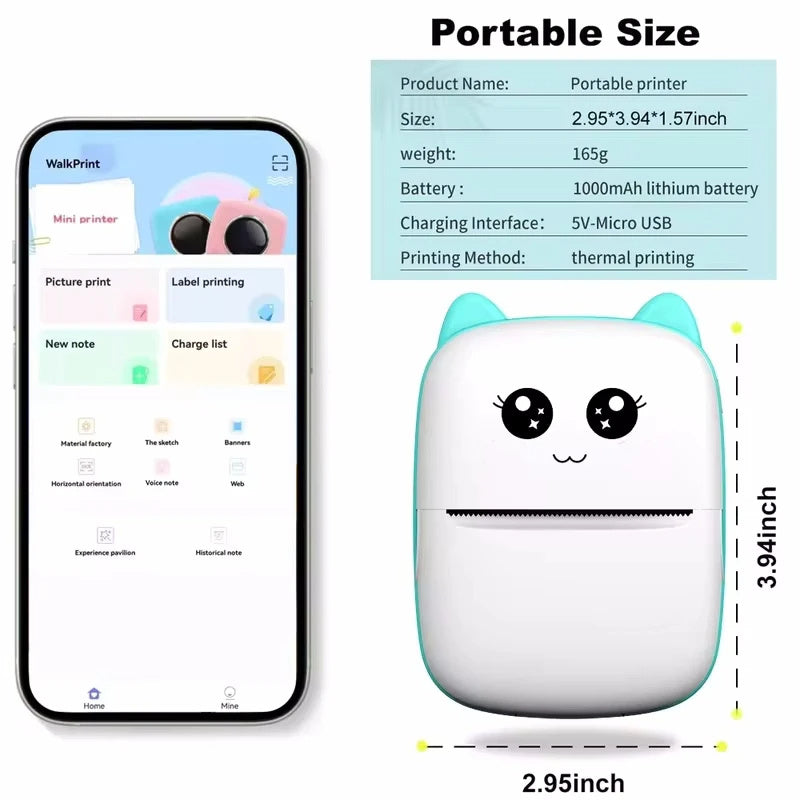 Electronic - Office - Portable Thermal Printer Mini Cat 58mm Printing Wireless Bluetooth Android IOS Printers