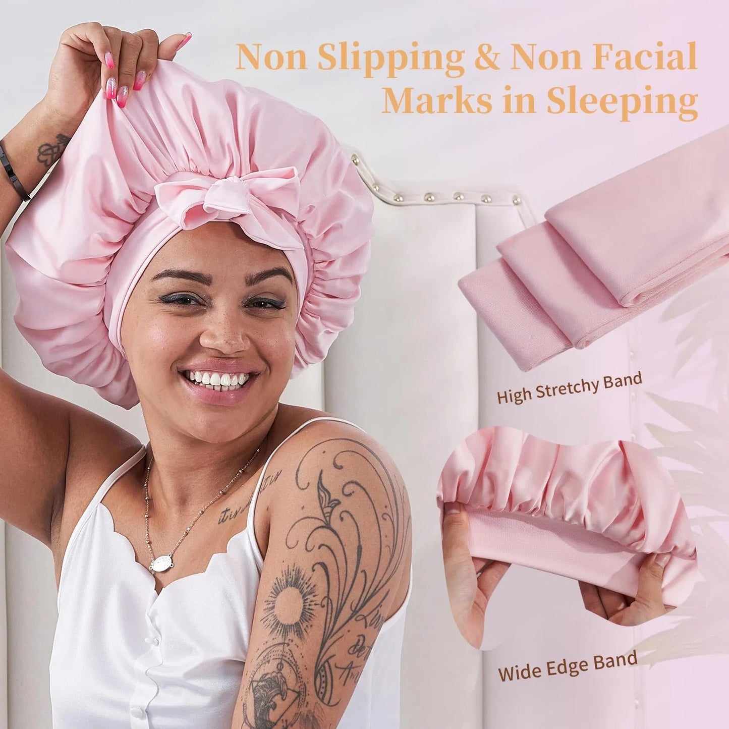 Health & Beauty - Silk/Satin Bonnet For Sleeping For Wavy Curly Natural Hair - Pink