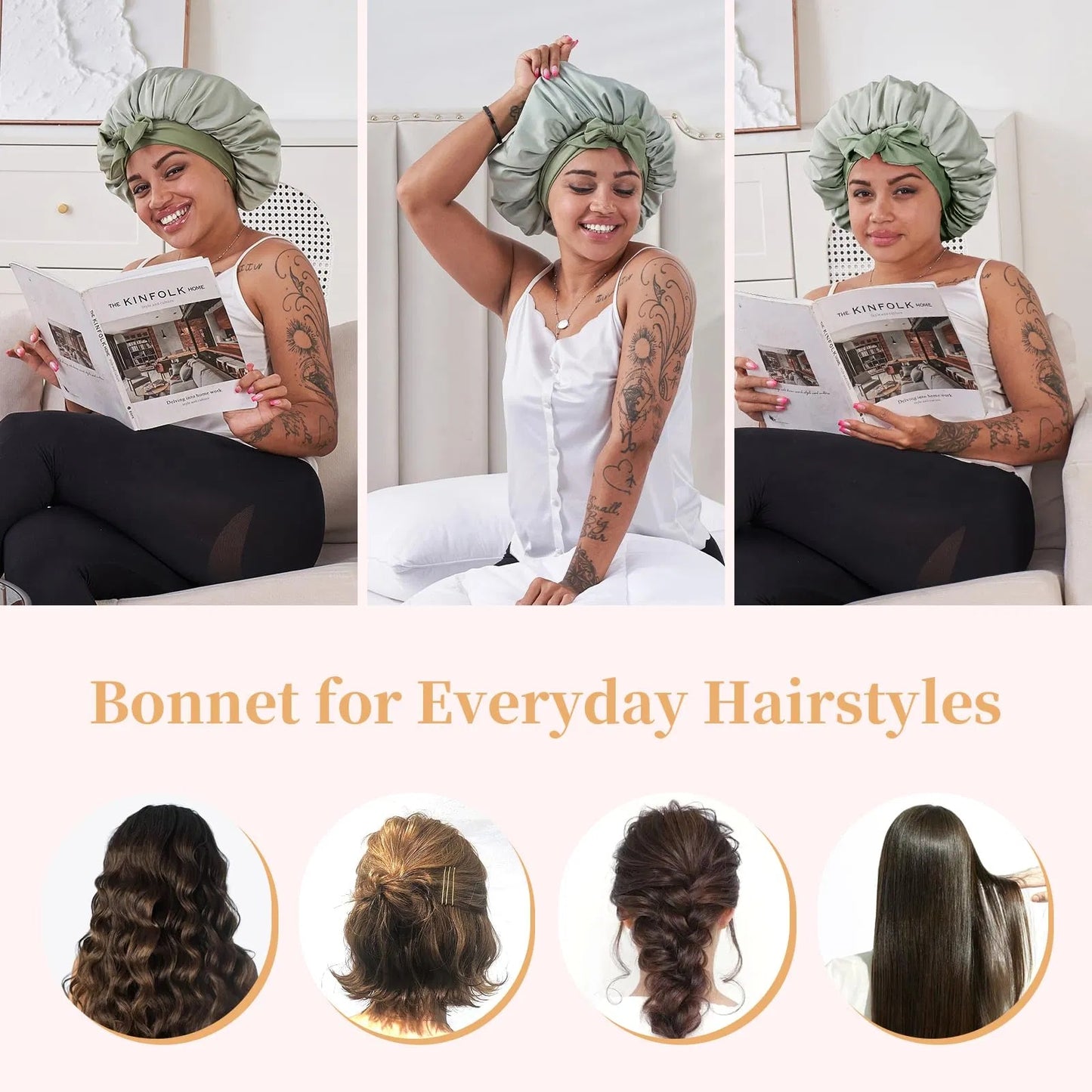 Health & Beauty - Silk Satin Bonnet For Sleeping For Wavy Curly Natural Hair - Green