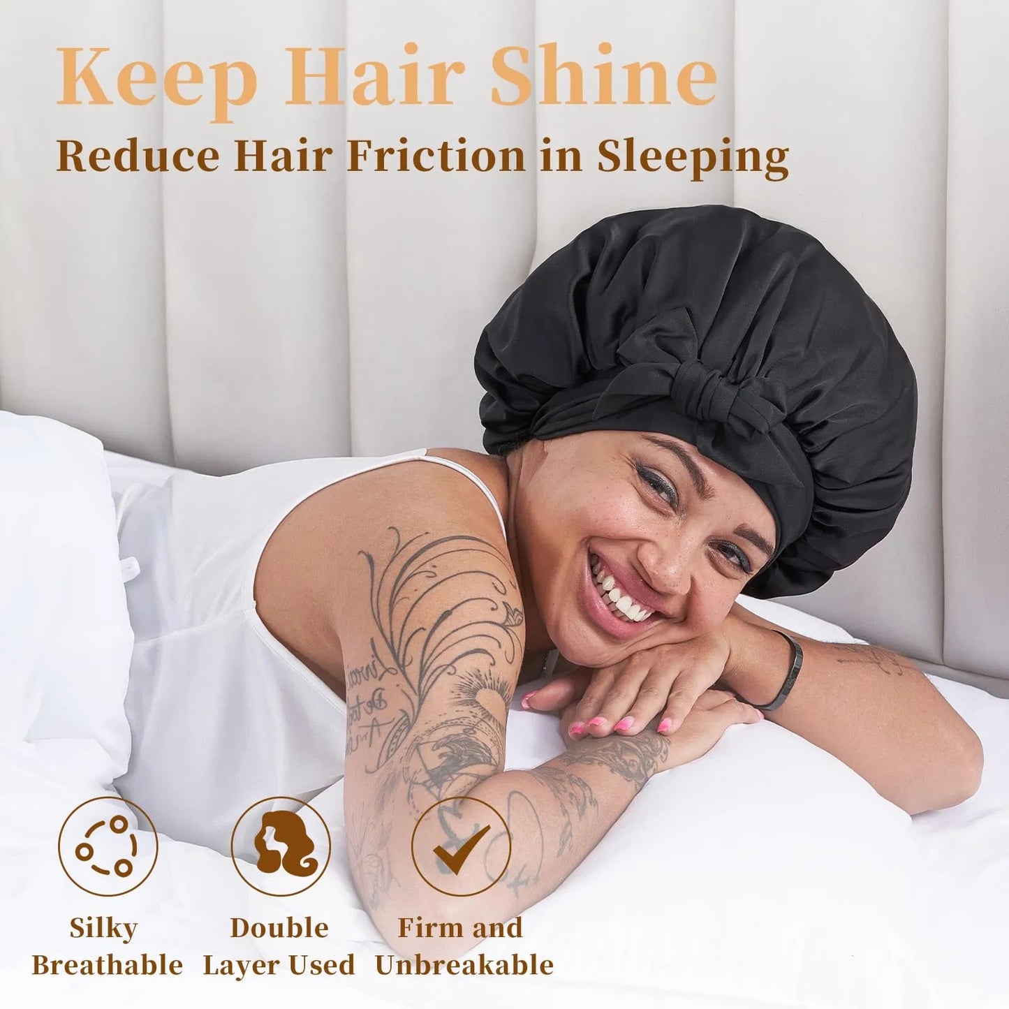 Health & Beauty - Silk Satin Bonnet For Sleeping For Wavy Curly Natural Hair - Black