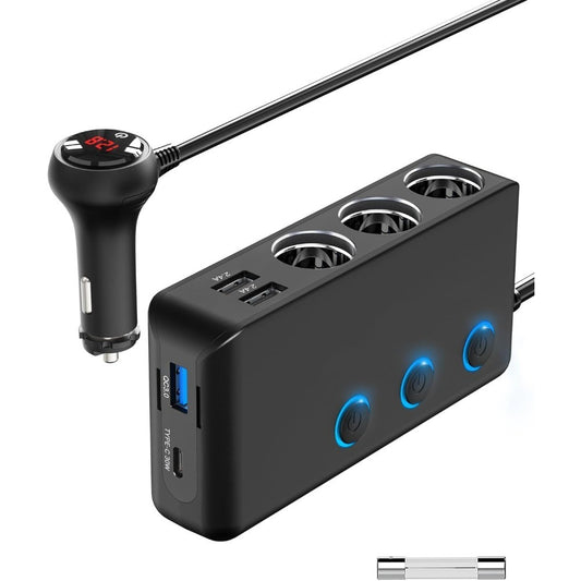 Electronic - Phone - Car Charger Splitter 200W 3 Socket Cigarette Lighter Adapter With PD30W USB-C Multi USB DC Outlet