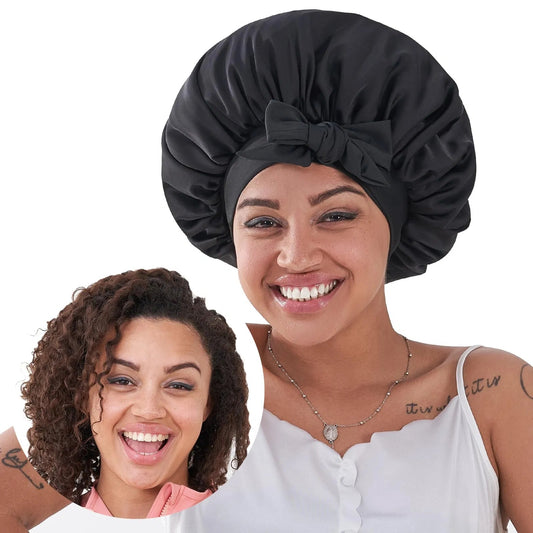 Health & Beauty - Silk Satin Bonnet For Sleeping For Wavy Curly Natural Hair - Black