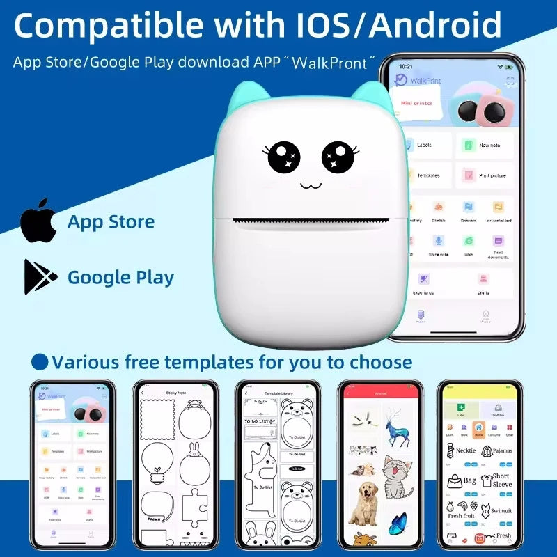 Electronic - Office - Portable Thermal Printer Mini Cat 58mm Printing Wireless Bluetooth Android IOS Printers