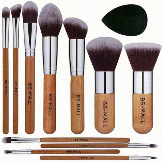 Health & Beauty - 11Pcs Bamboo Synthetic Kabuki Makeup Brush Set With Storage Bag And Makeup Sponge
