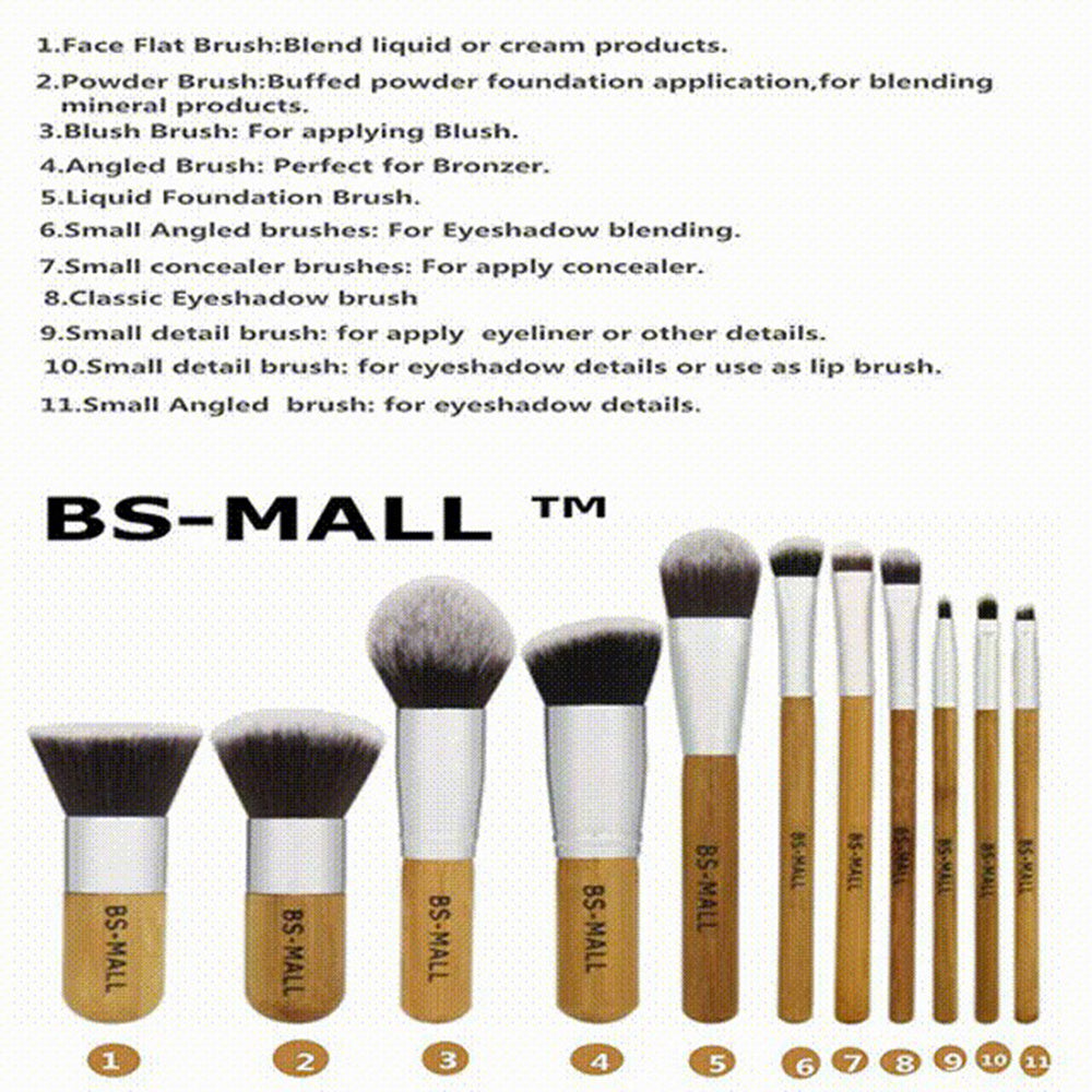 Health & Beauty - 11Pcs Bamboo Synthetic Kabuki Makeup Brush Set With Storage Bag And Makeup Sponge