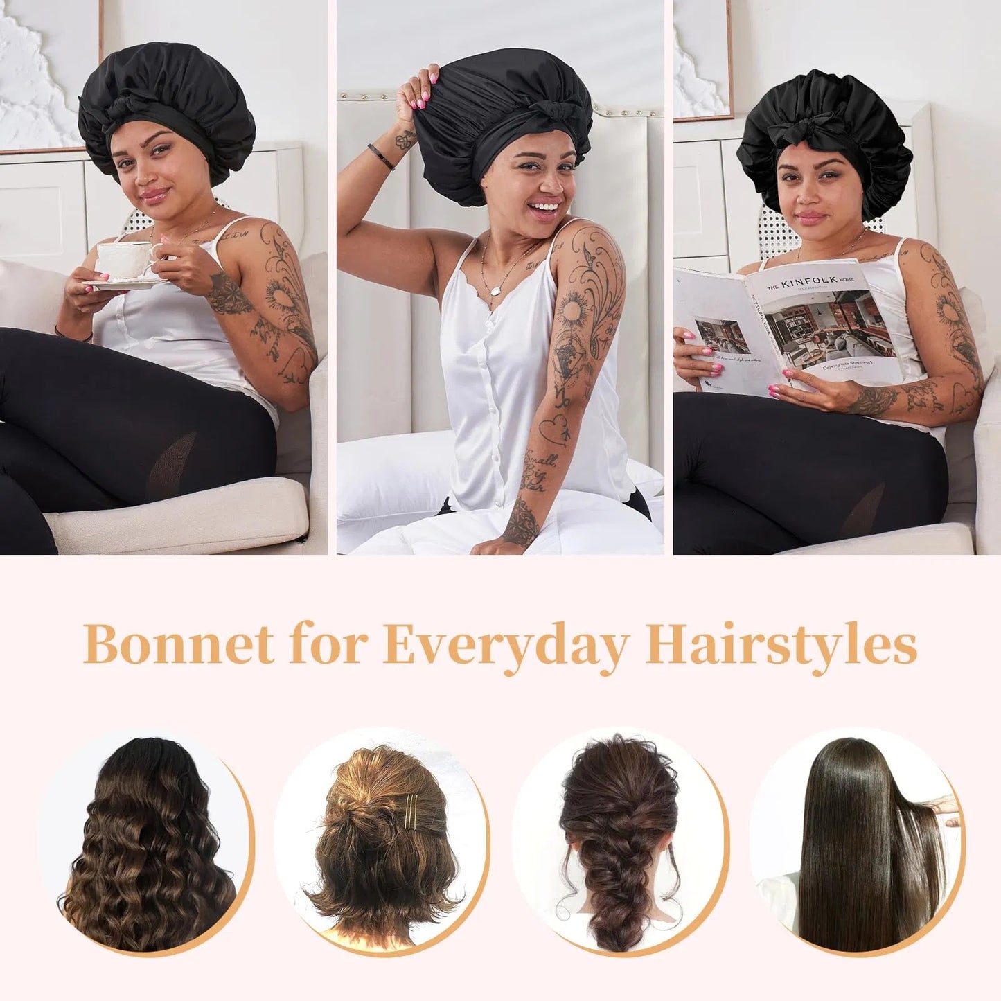 Health & Beauty - Silk Satin Bonnet For Sleeping For Wavy Curly Natural Hair - Black